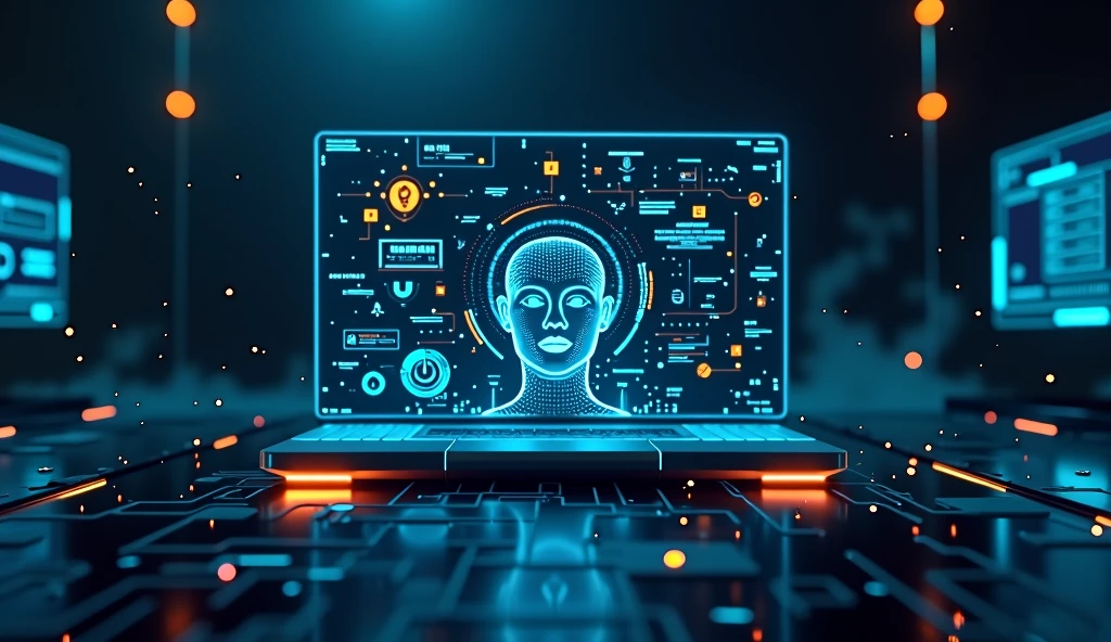 a futuristic digital computer interface, sophisticated ai system, a computer monitor displaying facial recognition, voice playback, dark blue and black background, blue glowing lights representing rapidly passing time, blue electrical sparks, advanced technology, cutting-edge digital technology, high-tech, sleek, minimalist, cinematic, dramatic lighting, moody, atmospheric,a clean, futuristic user interface with minimal clutter, glowing neon accents, holographic displays, subtle ambient lighting, cyberpunk style, 8k, highly detailed, digital art, cinematic lighting, ultrarealistic, masterpiece