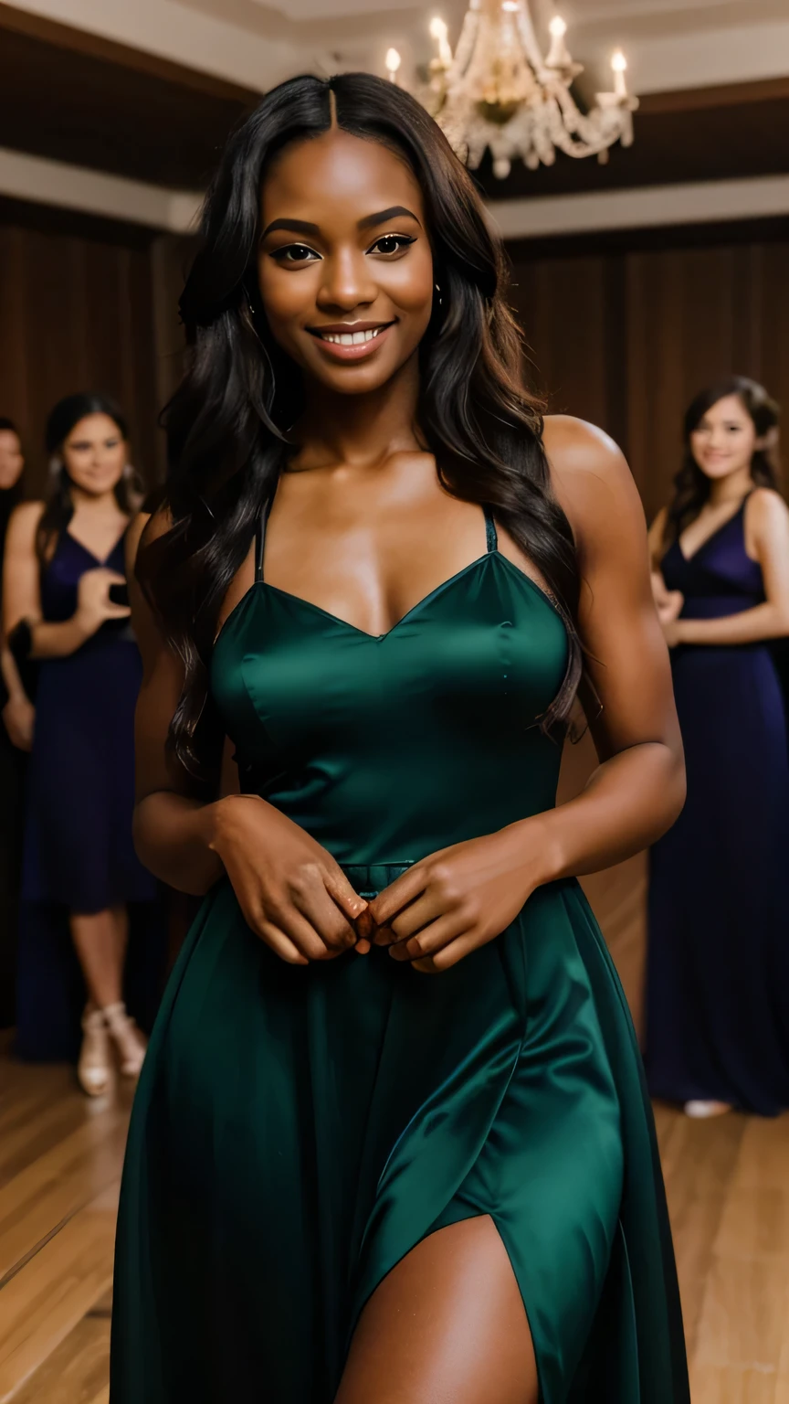 Realistic upper body photo of a smiling, Young black girl with long hair, black skin, She dances in front of the camera in a long A-line bridesmaid dress with straps made of shiny green and purple satin., Park,glamour fotoshooting, Wedding celebration, perfect anatomy, perfect brown eyes. Perfect hands with 5 fingers on each hand, Matching girl, looking at the camera, 1 Frau. (Eye make up:1.1), (highly detailed skin:1.1), spirit, analog style, keen focus, 8K UHD, dslr, good quality, Fujifilm XT3, Grain, Award-winning, masterpiece. Wedding celebration
