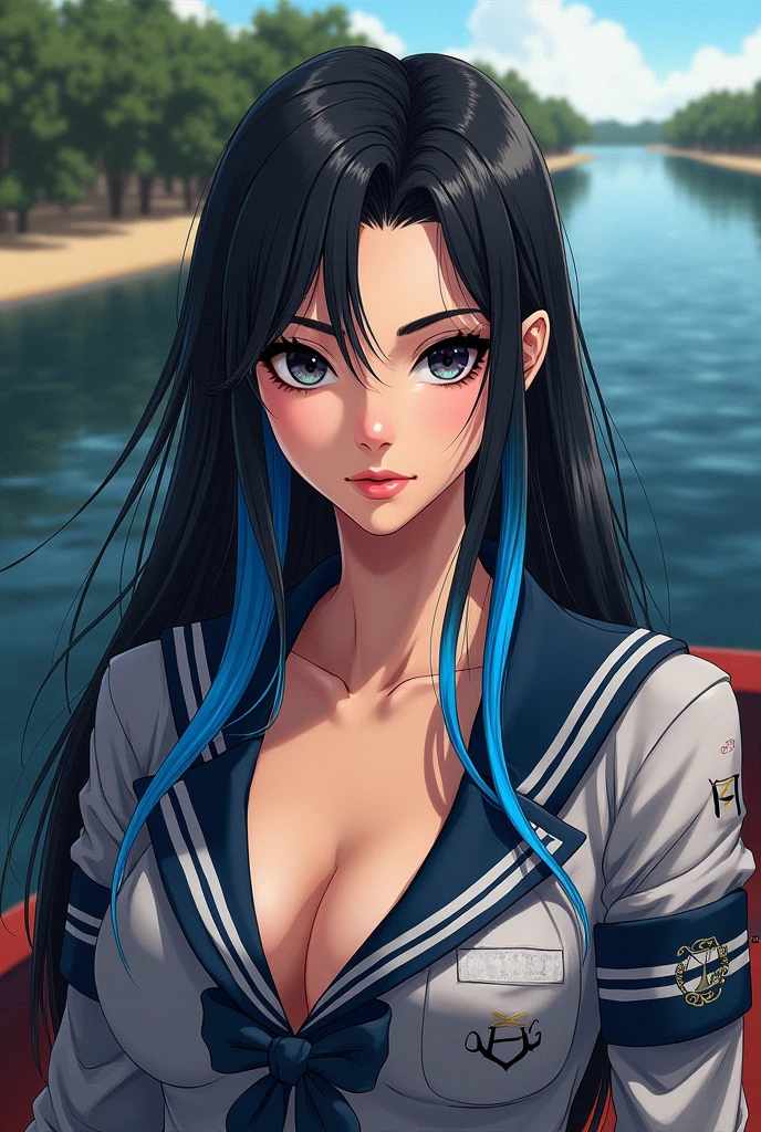 Create an image where you have one black hair and two blue streaks, on a boat, eyes black, she is black river, not amazon, she is a naval engineer. 
without sexualizing. 
drawing style. Make her outfit with anchor designs 