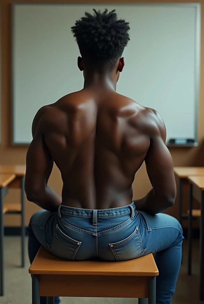 Black male teenager, in tight school uniform, with bara physique, big butt, huge muscles, and huge pecs, sitting on a desk in a classroom, tight jeans, huge and round butt, big pecs, very muscular, sitting on desk, back view, tight jeans, huge thighs and legs