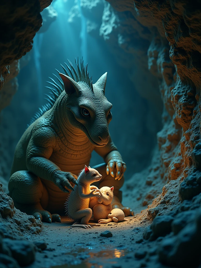 donisaurs cat gave birth in the dark cave with the blue yellow light background. 8k make it realistic, render.