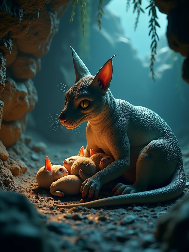 donisaurs cat gave birth in the dark cave with the blue yellow light background. 8k make it realistic, render.