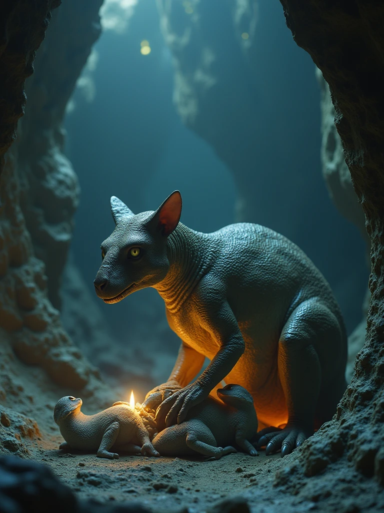 donisaurs cat gave birth in the dark cave with the blue yellow light background. 8k make it realistic, render.