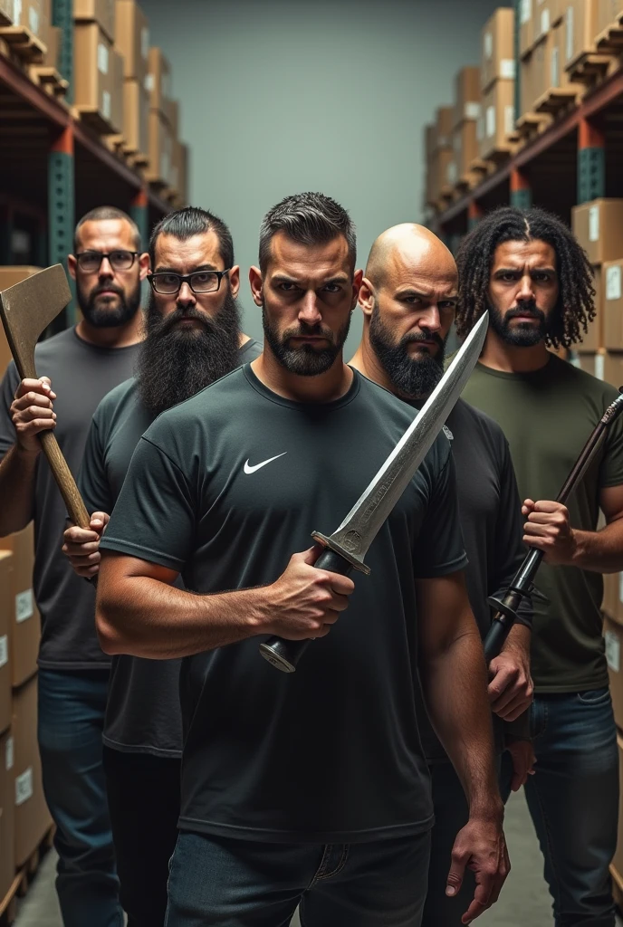 Four white men and one mulatto looking at the camera holding bladed weapons described below for each one ,being 1 bearded bald man with a cleaver, second with glasses beard hair and nike shirt with katana, third a tall bald white man without a beard with a viking body with a guts sword ,the fourth a chubby guy with hair and beard with a fishbone, fifth with strong nudreds hair and with sword, in the background of the image shelves and stock boxes