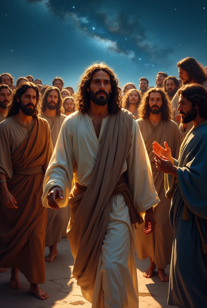 Jesus depicted with light brown skin, long curly brown hair, short beard, eyes browns, facial features ,walking among the crowd of worshippers on a starry night.