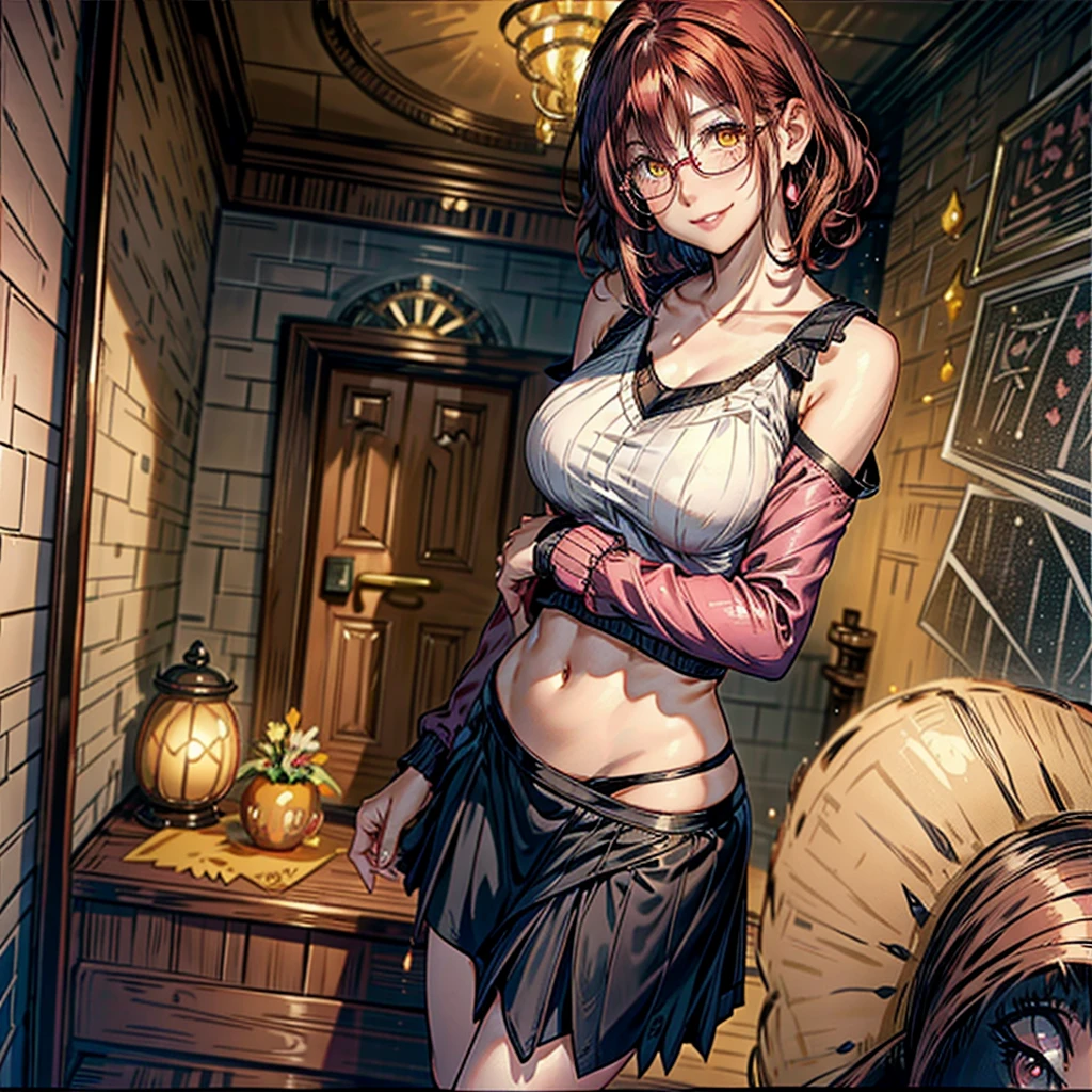 cartoon, masterpiece, best quality, highres, gloria1, 1girl, gloria \(pokemon\), brown hair, solo, backpack, brown eyes, tam o' shanter, grey cardigan, pink dress, short hair, green socks, socks, brown bag, bob cut, bangs, long sleeves, collared dress, cowboy shot, standing, smile, holding poke ball, 1girl, solo, library, castle, cleavage, busty, huge breasts, narrow waist, slim, skinny, small waist, dessous, bra, lingerie, (stockings: 1.2), dark persona, corruption:1,5, erect under clothes, evil grin, evil eyes, fingering , pubic tattoo, dark aura, crotch_tattoo, steampunk, dominatrix, bdsm, by satou kuuki, erect nipple under clothes, lutty outfit, revealing clothes, pubic tattoo, evil smill,