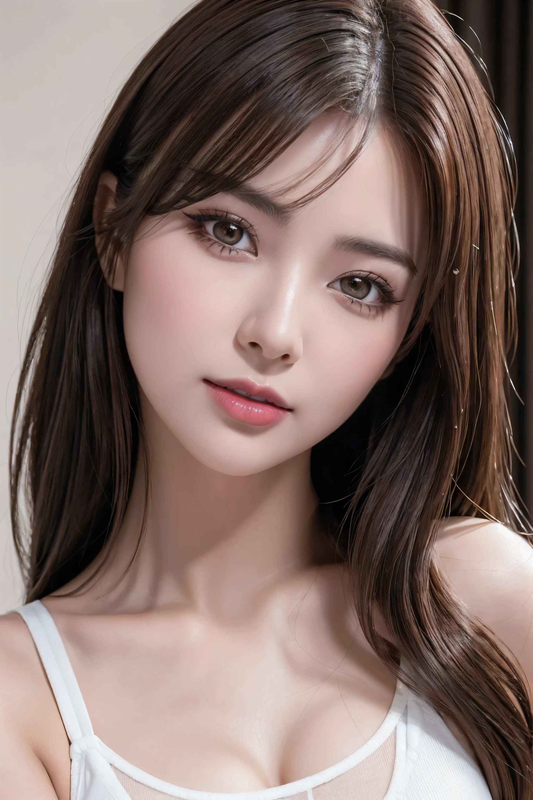 Realistic (photorealistic Realism,highres,masterpiece:1.2), ultra realistic details: velvety skin, symmetrical lips, light glossy red_lipstick, pupils, (best quality photography, professional photography:1.3), (glamour shot of girl:1.2), (professional lighting), (dramatic backlighting), looking at viewer, best photo pose, 1girl, detail skin texture, (brown hair:1.3), (depth of field), (simple background, indoor), (cowboy shot), light smile, sagging breasts, sharp jawline, (white tank top), (black leggings), (chromatic aberration), High quality texture, High quality shadow, extremely intricate detail, ((extremely delicate and beautiful)), [eyes:{((Hyper realistic details of realistic perfectly round brown_eyes:1.3) in hyper resolution detailed quality), ((Hyper realistic sharpness, sharp eyes, clarity is not blurred), eyes with high detail, eyes with excellent quality, precisely details in pupils), [eyes:vibrant]}], ((beautiful and aesthetic)), (korean mixed, gorgeous beautiful-1-women),