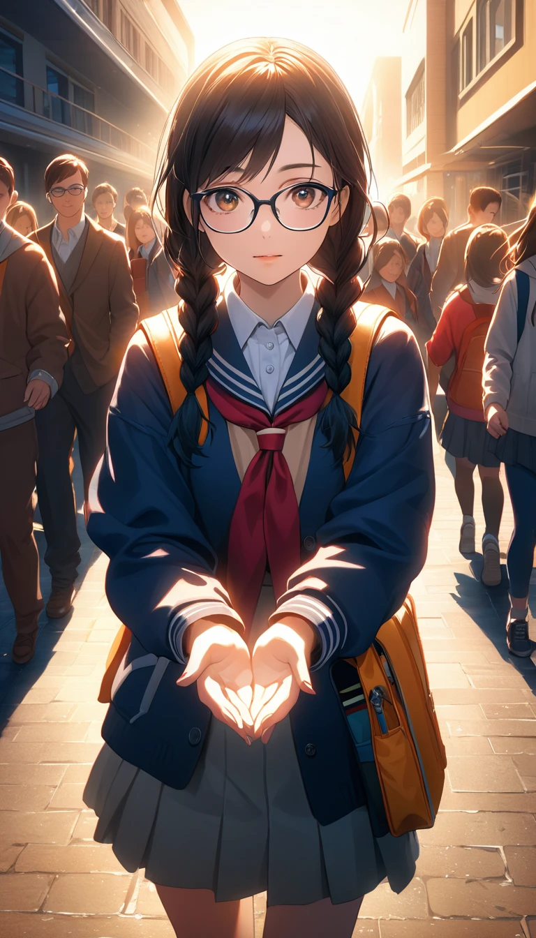 high resolution.Super detailed.Sharp focus.Crisp quality.Bright colors.Rich contrast.Realistic.Cinematic lighting.HDR.Detailed Texture.Realistic.High resolution.Enhanced Details.A female student leaving school is reaching toward us as she turns to hold our hands. Glasses. Long braids.