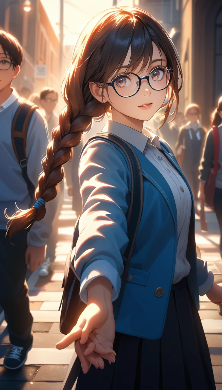 high resolution.Super detailed.Sharp focus.Crisp quality.Bright colors.Rich contrast.Realistic.Cinematic lighting.HDR.Detailed Texture.Realistic.High resolution.Enhanced Details.A female student leaving school is reaching toward us as she turns to hold our hands. Glasses. Long braids.