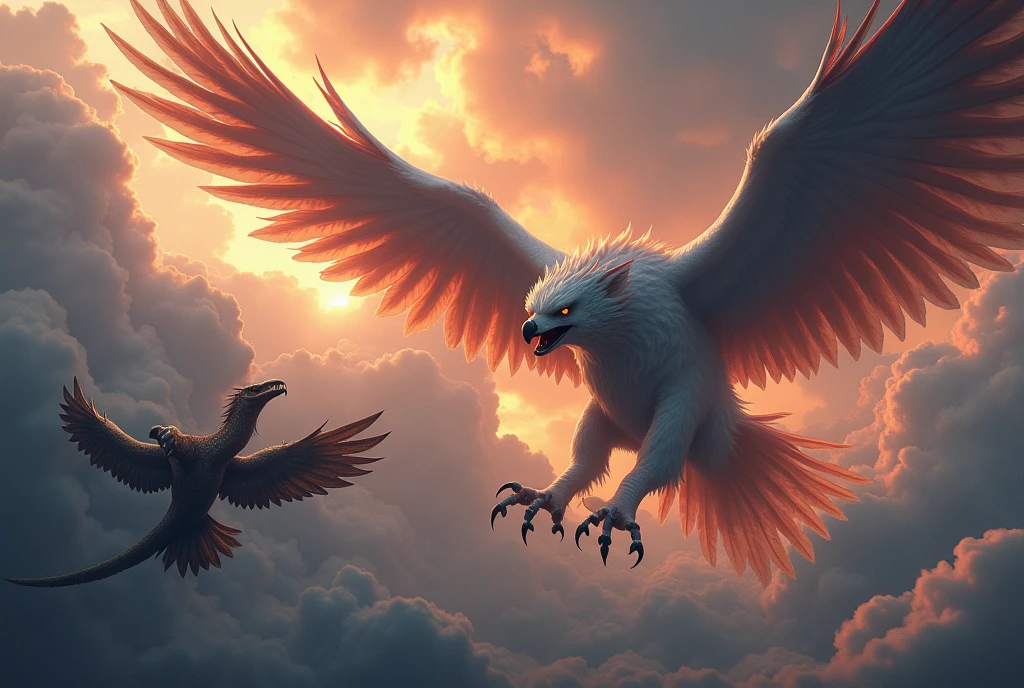 a fantasy griffin with fore claws extended, diving at an unaware wyvern, epic battle in the clouds, cinematic dramatic lighting, epic dramatic clouds, dynamic action pose, hyperrealistic, detailed feathers, highly detailed, intricate scales, photorealistic, 8k, unreal engine, concept art style, vibrant colors, dramatic lighting