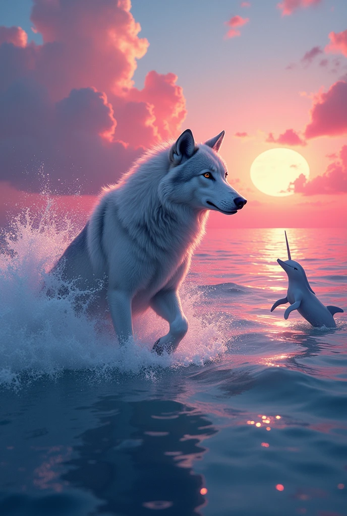 A wolf in the sea flying with the sunset in the background with unicorns and dolphins but more pink and blue