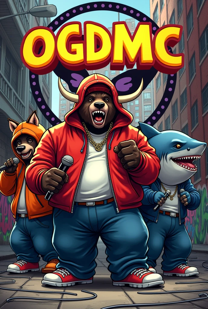 a FAT bear rapper a TALL AND STRONG BULL rapper ,a rapper fox, A rapper shark in the Bronx in an alley of hip hop loving animals and a logo in the background of the image that says OGDMC