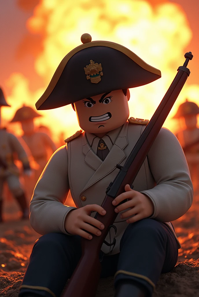 A roblox character in a napoleonic wars wearing white soldier uniform in a 1800s infantry "military with brim Shako headgear", sitting down with his musket rifle, exhausted and tired fighting, realistic fear expression with a very dark forehead shadow in a side face while the background Is total explosive war with roblox character soldier in background