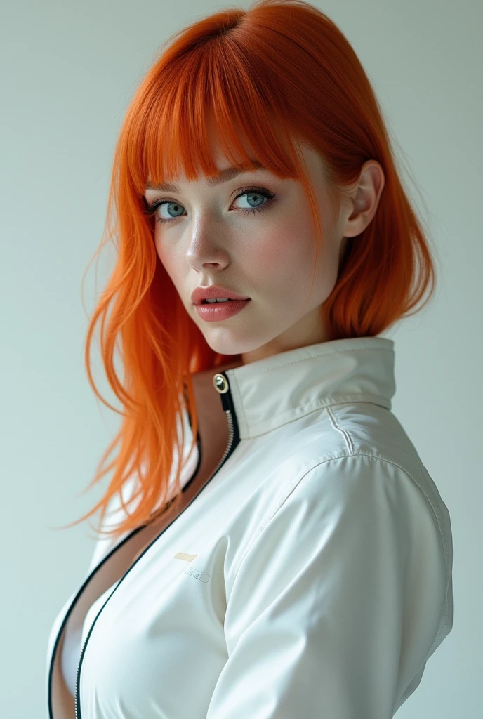 a redhead woman, detailed eyes, long blunt haircut, white clean skin, busty, scientific clothes, sci-fi, transparent background, PNG,