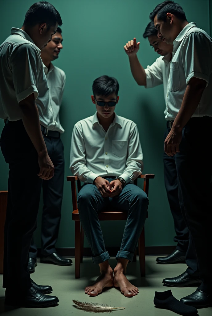 Handsome malay Zarul 20years flight attendent
1 man Rub his feet
Focus 5toefeet
Shoeless
Hand Handcuff wooden chair
blindfolded
feather on floor
Pair of Blacksock shoes on floor
2 mafia pinch their nose
Smelly feet