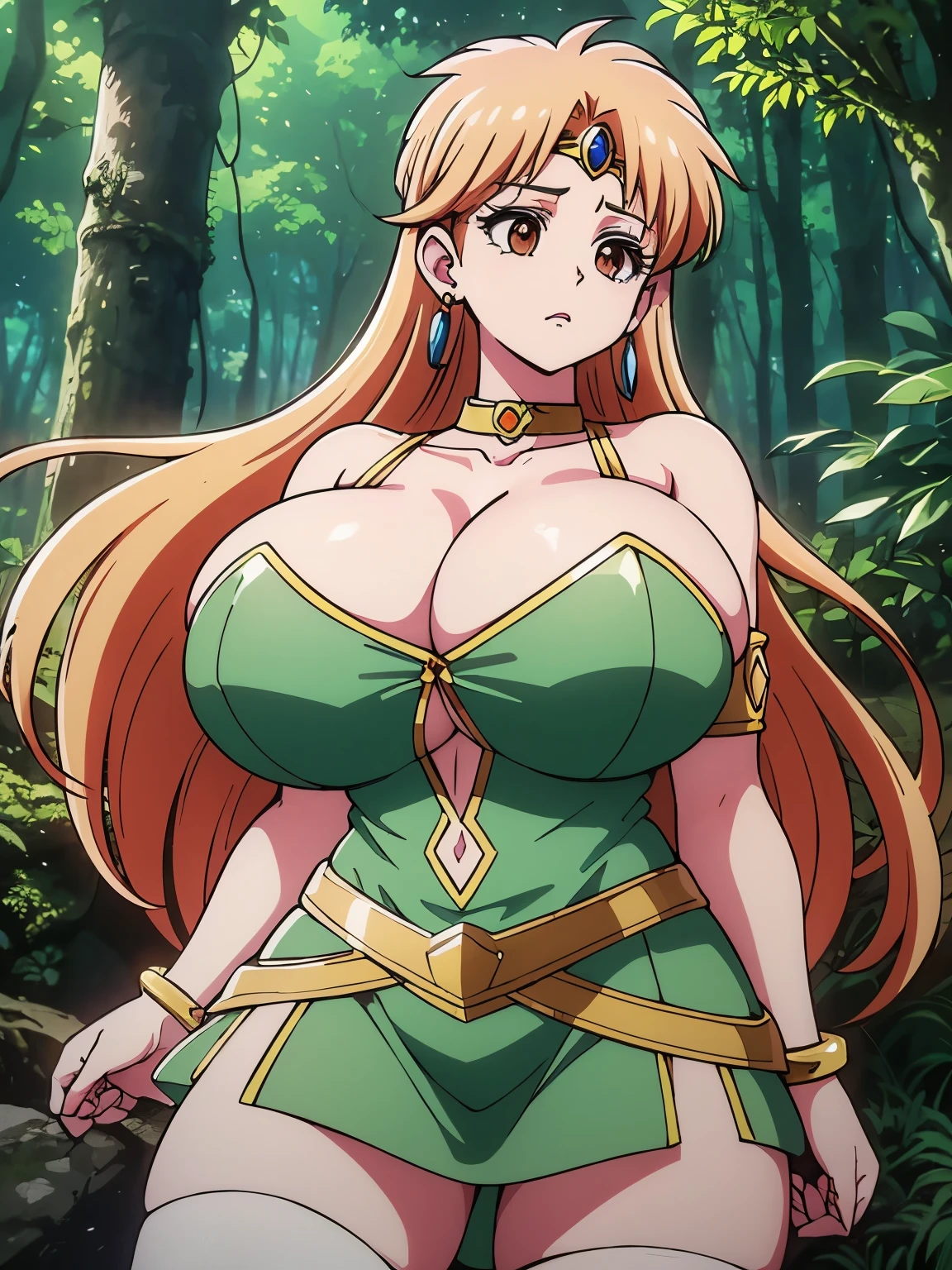 (masterpiece, highest quality:1.2), Ultra-high resolution), RAW Photos, Professional Lighting, Cinema Lighting, (1 girl), Leona, レオナ, Dragon Quest:dai no daibouken, (blonde, Long Hair, Brown eyes, string tiara, hair ornaments, bangs), (earrings, brass Circlet, choker, white cardigan, green short dress, knee high socks, golden bracelet, golden pads, white cloak), (((ultra large natural breasts, Super huge tits, Super huge boob, Super huge cleavages))), (((trees, ivy, swamp, dark forest, deep forest, dark atmosphere))), detailed face, detailed eyes, clear & fine eyes, realistic & detailed walking gesture,