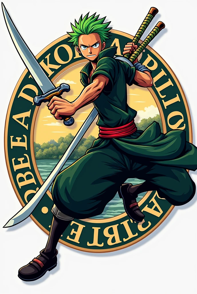 Create logo of Zoro from one piece in background circle and on the circle write name SOORYA