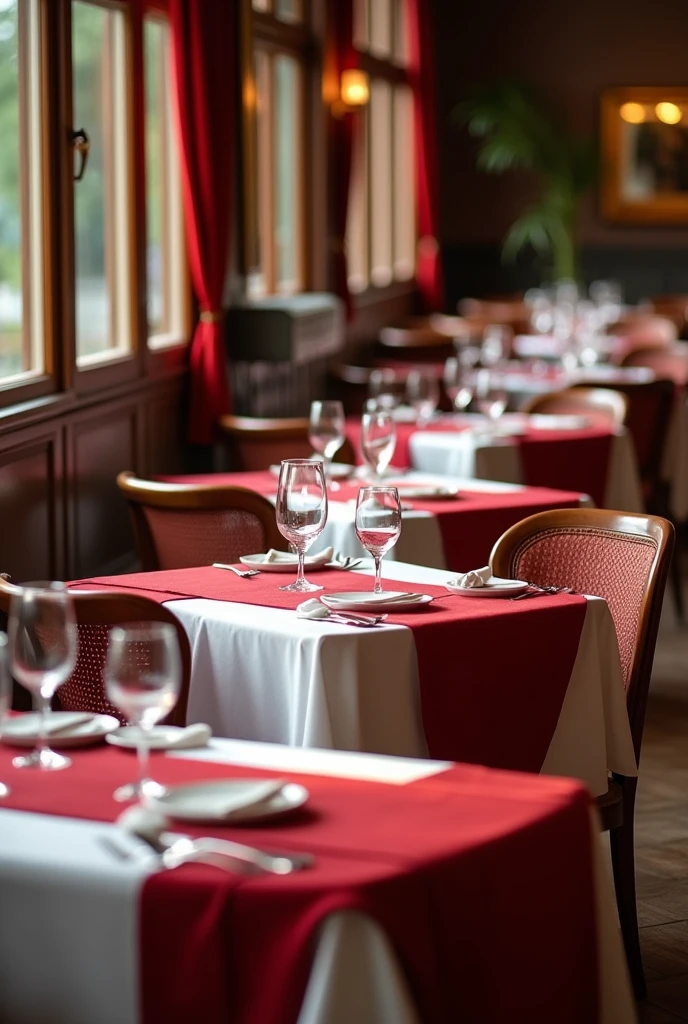 Classic style restaurant anniversary with many tables white tablecloths with red table runners, chairs made of wood. Smooth and timeless textures Straight lines in the tablecloths and decorations The colors are sober red and white The chairs are made of wood