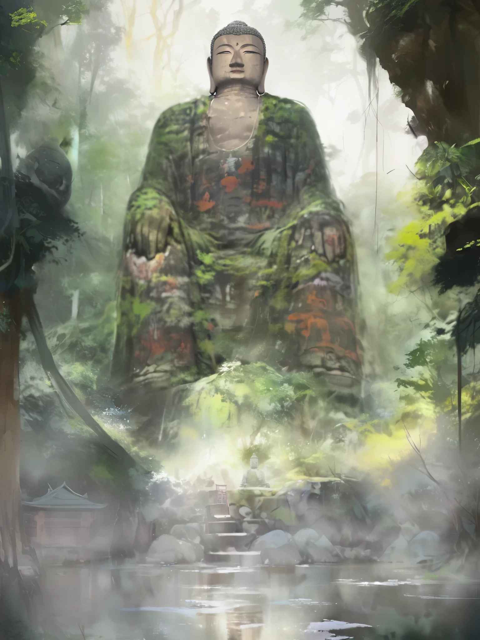 Painting of Buddha statue in the forest,Digital Painting, There is a Buddha statue in the mysterious forest，Leshan Giant Buddha，In front of the pond，CG concept art，Foggy