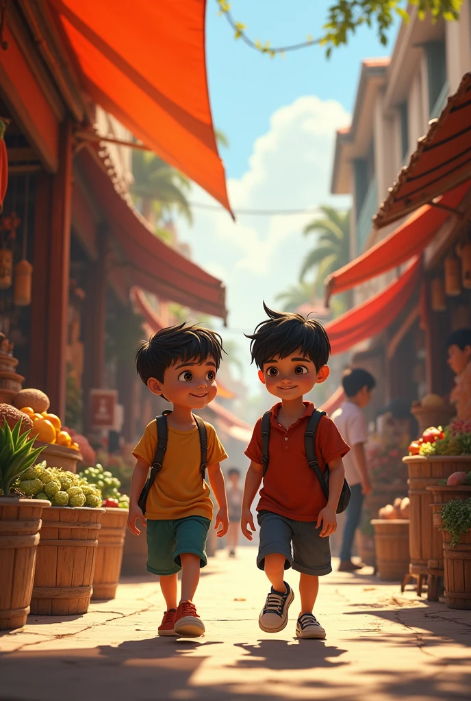 Two boys are walking in the market.
