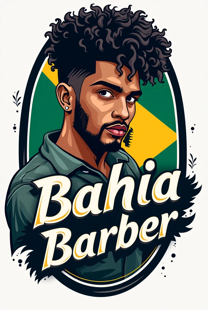 Create a barber shop logo for me where there is a guy with curly black hair and the name Bahia Barber and the Bahia flag behind it.
