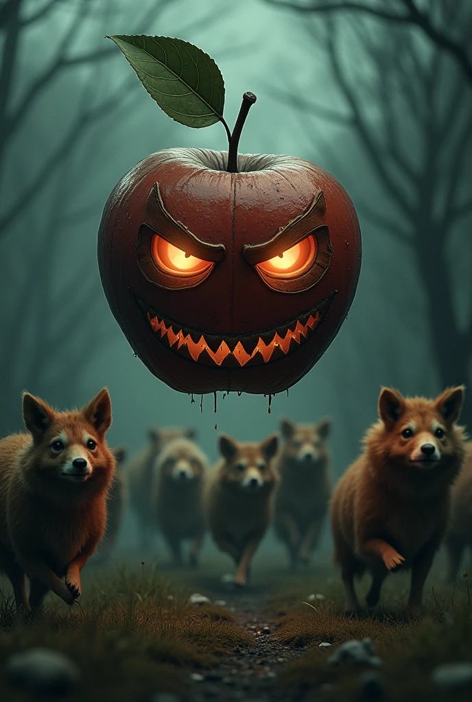 Scared animals running away from an evil apple with a sewn on leather face at night 