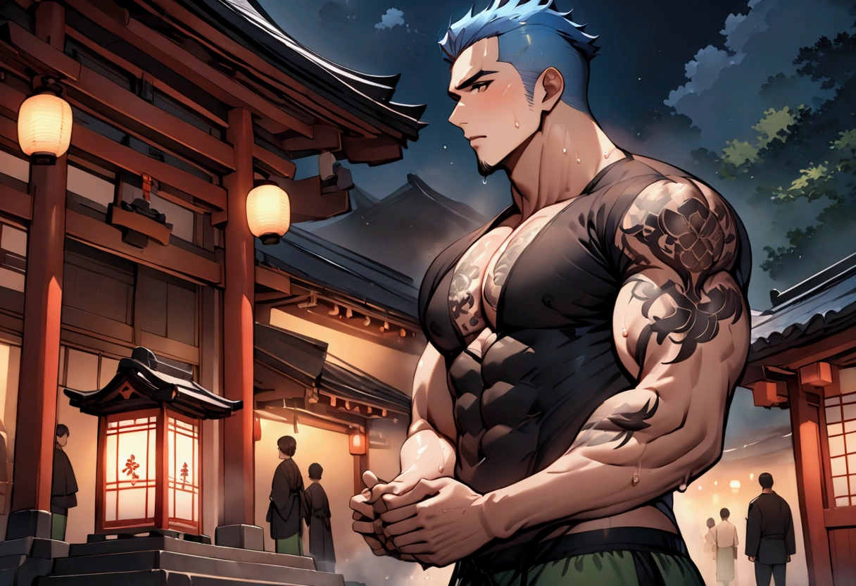 Highest quality、masterpiece、(muscular male:1.2)、(father:0.5)、Shaved head、Short Hair、Sports haircut、short hair、Black Hair、Blonde、Gray Hair、Red hair、Blue Hair、(sweat:1.3)、(steam:1.1)、Waiting at the shrine entrance、Bored face、nipple piercing、tattoo on chest、tattoo on leg、ass pov