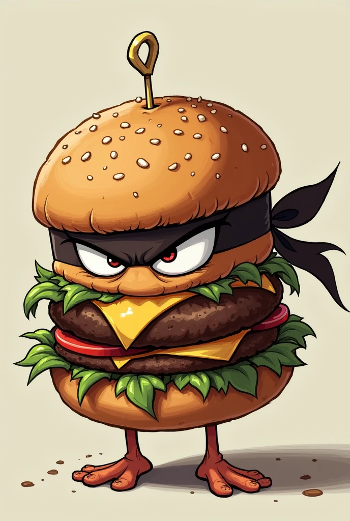 rough burger, anime style, that has a ninja ribbon, with eyes, that is on the side, but rude, that has no feet, that looks intimidating
