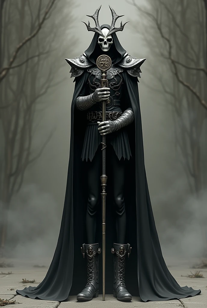 create a male character, tall and very thin, Inspired by Ryuk&#39;s outfit from Death Note. must wear a skull-shaped helmet with a crest on top, along with military style boots. The character must also wear a dark hooded cloak., that gives it a threatening and mysterious presence. In his hand, He holds a scepter with intricate symbols on top, which reinforces its ominous and powerful appearance

