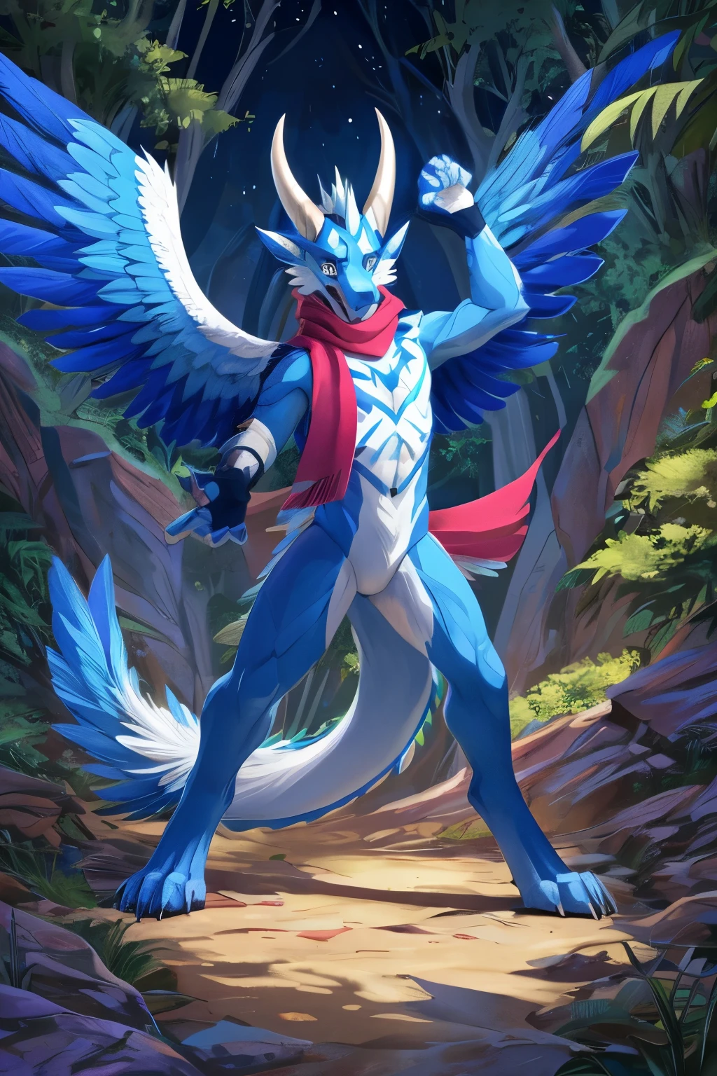 (anime), (front facing), (looking at its own hand in shock), slim furry white dragon looking at its hand surprised, surprised expression, blue secondary body color, (black, magenta and blue complimentary colors), spikes, very long muzzle, neck and tail fur, digitigrade, creative horns, feathers, dark gradient, (wearing only a scarf), body markings, nature background, full body