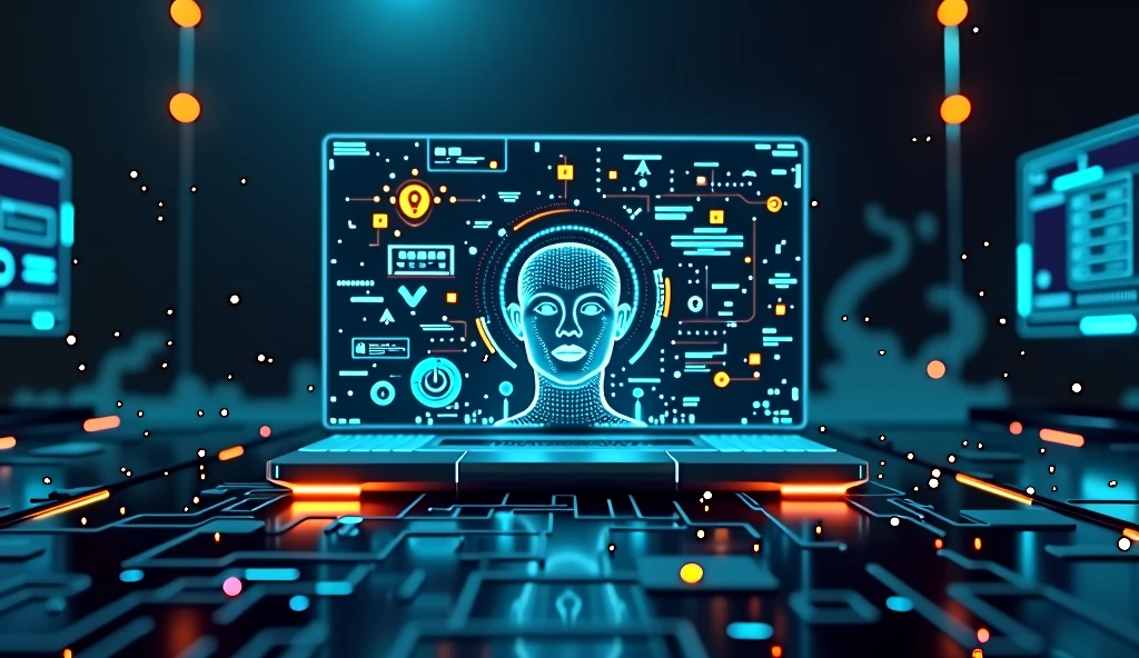 a futuristic digital computer interface, sophisticated ai system, a computer monitor displaying facial recognition, voice playback, dark blue and black background, blue glowing lights representing rapidly passing time, blue electrical sparks, advanced technology, cutting-edge digital technology, high-tech, sleek, minimalist, cinematic, dramatic lighting, moody, atmospheric,a clean, futuristic user interface with minimal clutter, glowing neon accents, holographic displays, subtle ambient lighting, cyberpunk style, 8k, highly detailed, digital art, cinematic lighting, ultrarealistic, masterpiece