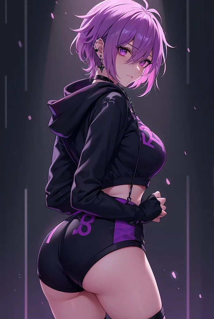 young anime femboy with black hair falling over her right eye,purples eyes,tired look,black cross earrings, Piercing in the corner of the lip, purple choker, bra,  breasts big, long black gloves,black shorts with a pink stripe on each side and chains,black band on the thigh,knee-high socks and black and purple sneakers, femboy,cold stare, thick boxes and big butt with dark background, holding two swords with black and purple handles,