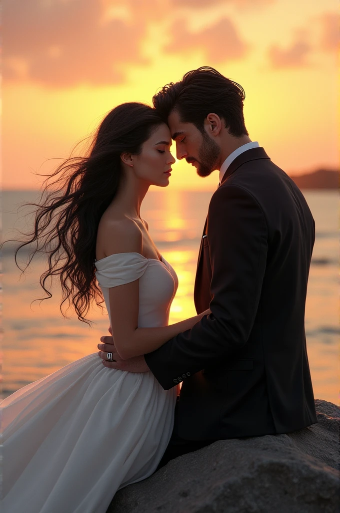 White pretty girl with black hair height 5'3 representing the life in white dress and black sri lanken boy height 5'6 with black straight hair with gote beard and mustach wearing black suit representing the death talking in the beach in the sunset, boy is black Indian boy they are lovers boy isn't way handsome but attractive Indian girl is sitting on rock