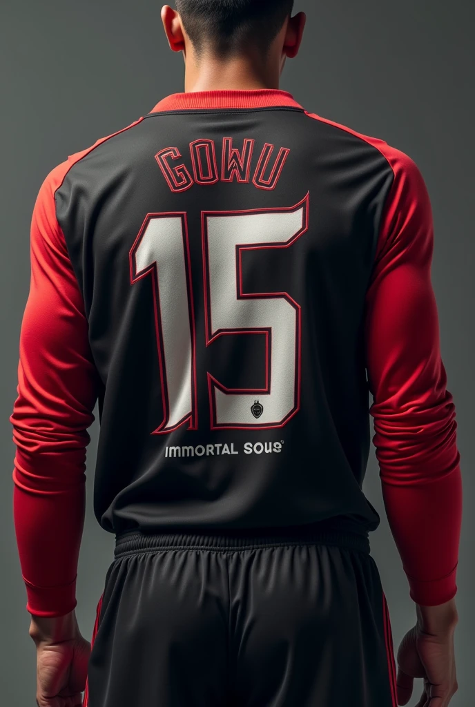 Make a person showing his backside with a jersey coloured with black and sleeves red coloured with a jersey number 15 in white colour with the name GOKU in white colour and below the jersey number written in small fonts immortal souls in capital