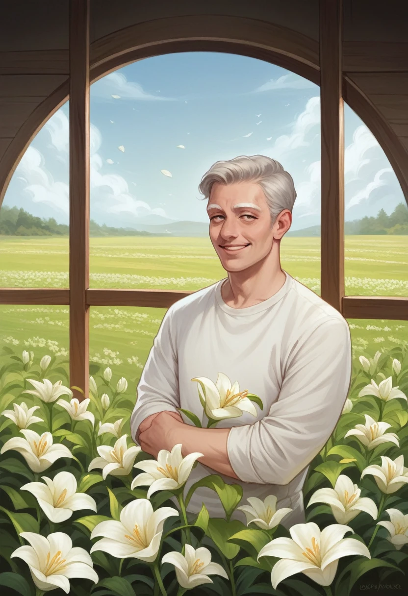 High quality resolution realistic photo of lily flower field, petals are detailed quality, white lily flowers, an old Burmese gardener standing, holding some lily flowers, narrowed eyes,white eyebrows, whiteand grey hair, smiling, brown sunburned skins, wearing local gardener clothing, a little vintage clothes, in his 60 years, looking at camera, detailed quality, near him is, an old farm dog, sitting and staring away and kept the farm safe. resolution quality realistic, 8k, photorealistic, background is an Burmese farmhouse, in dimming light,