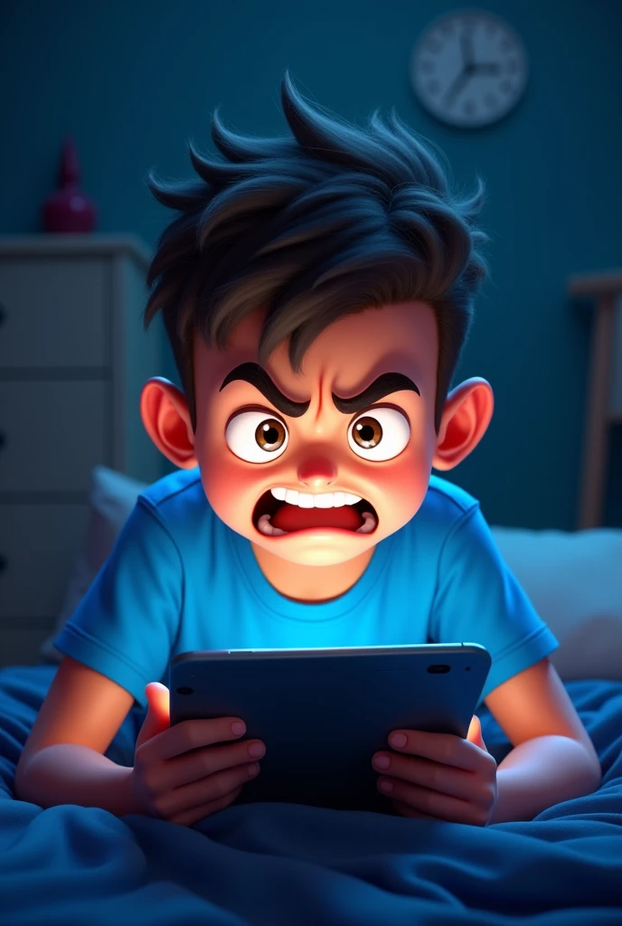 Angry boy 3d cartoon playing tablet at night wear blue tshirt