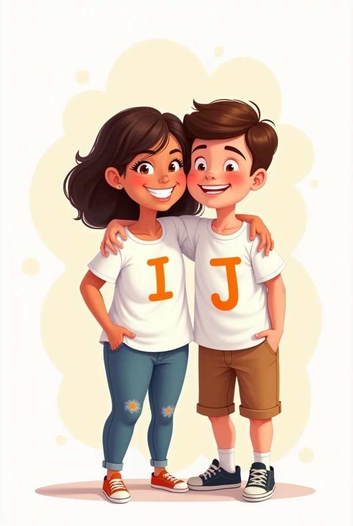 Mom with initial I on white t-shirt and son initial J on white t-shirt cartoon 
