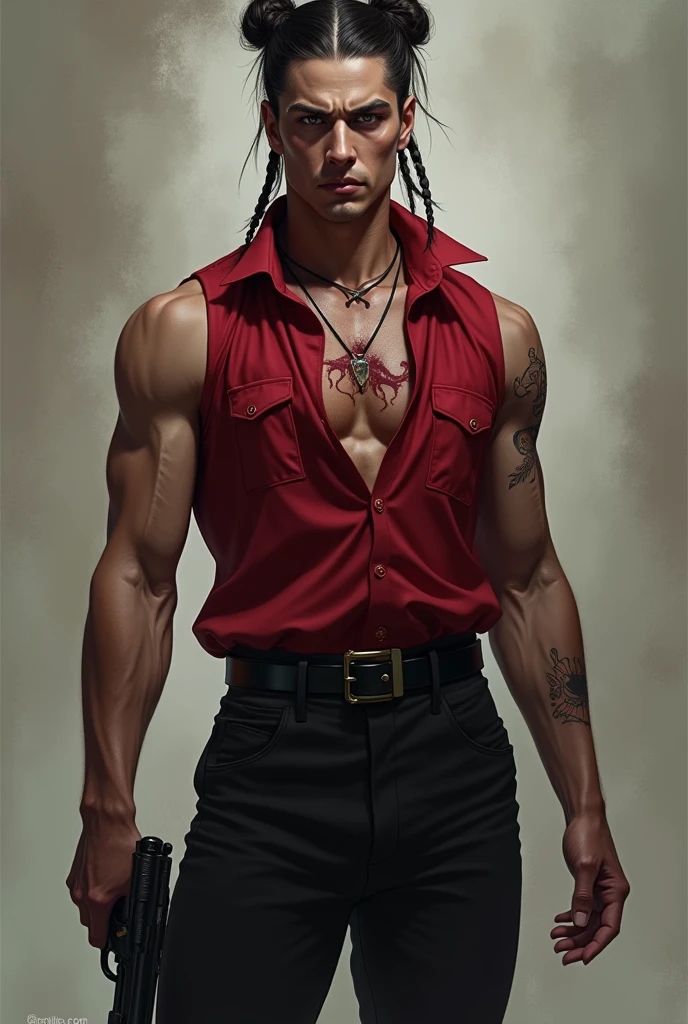 a dark occultist of the rpg paranormal order of the elements of death and blood, with a bun, braid on the scalp, red sleeveless blouse with collar, black pants, a revolver, a claw scar on his shoulder and a large claw scar on his chest