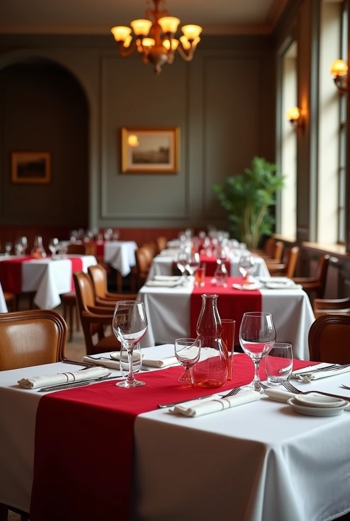 Classic style restaurant anniversary with many tables white tablecloths with red table runners, chairs made of wood. Smooth and timeless textures Straight lines in the tablecloths and decorations The colors are sober red and white The chairs are made of wood