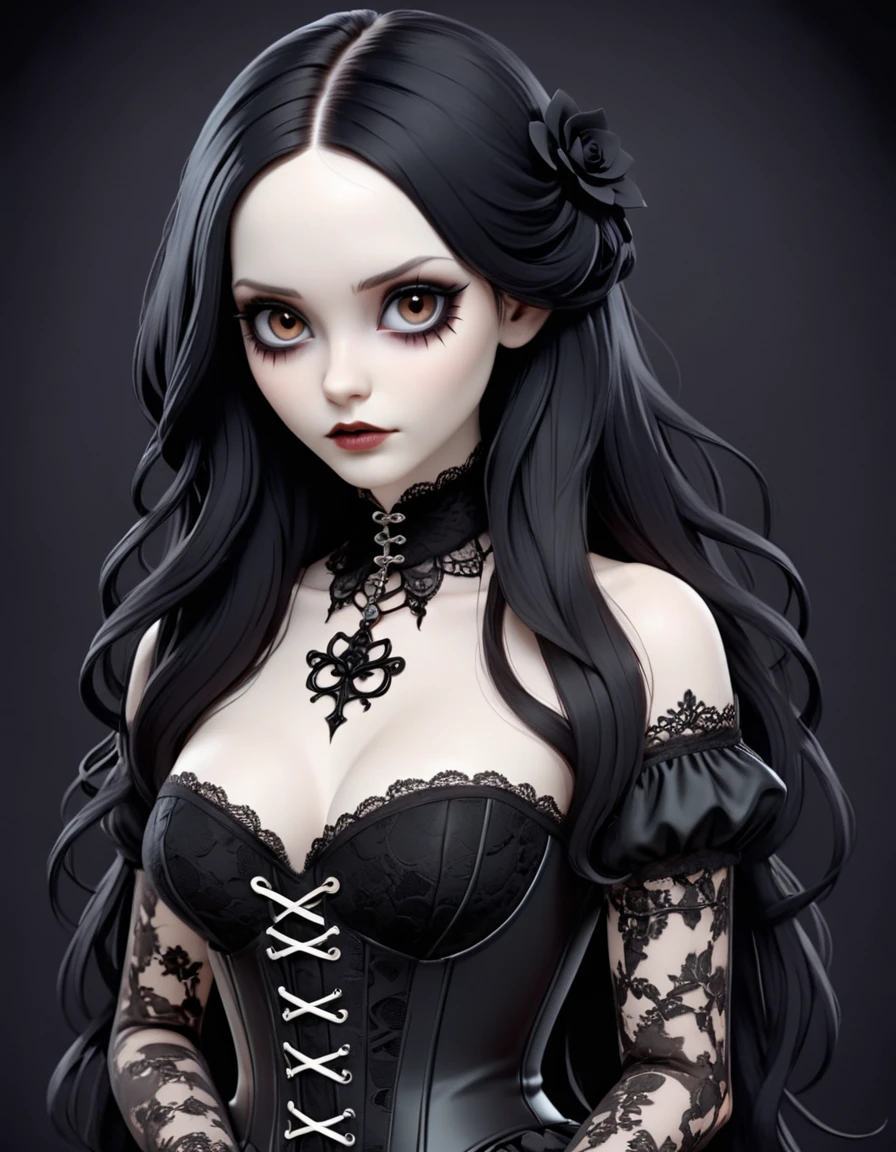 gothic girl, clear brown eyes, porcelain white skin, long loose black hair, black lace and corset dress. Gothic 3D Frontal Background