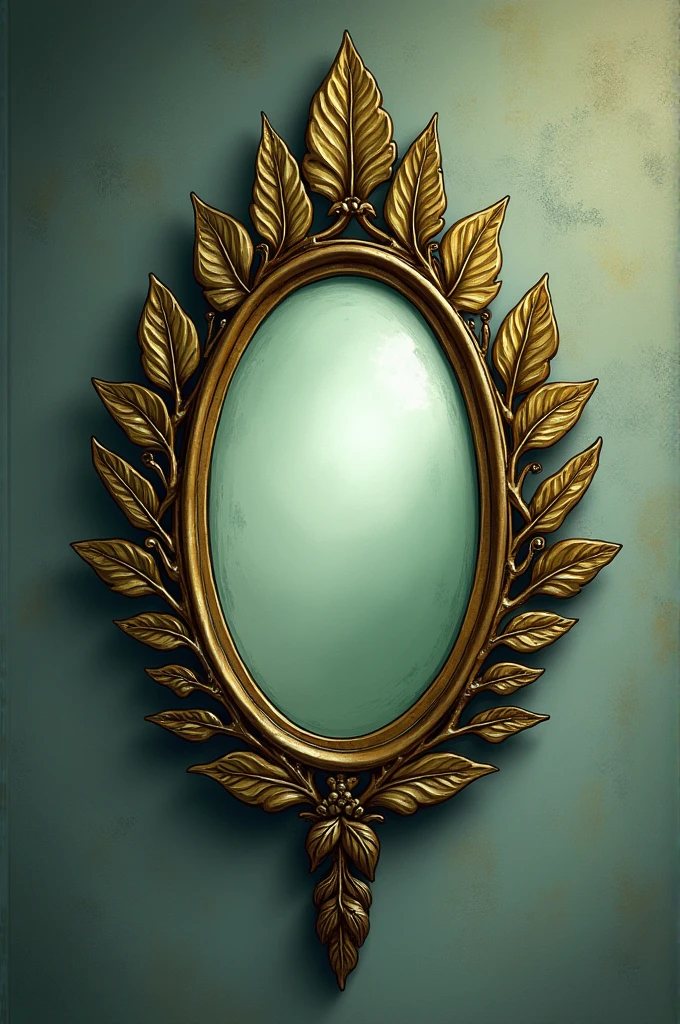 Illustration of a small, magical, antique mirror in the shape of a tree leaf
