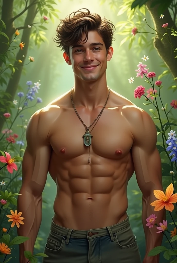 Torso of athletic young man with a kind face in the forest with colorful flowers and a magical atmosphere