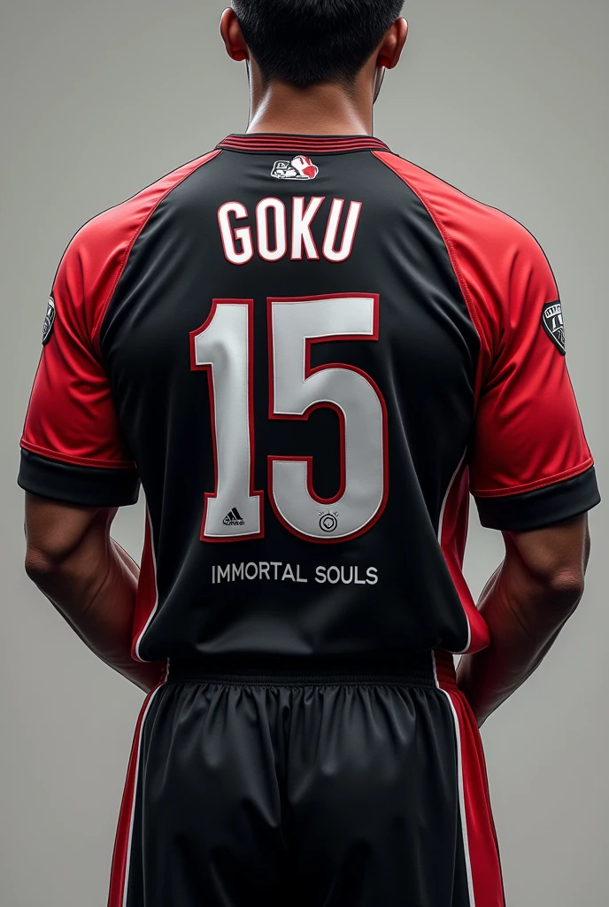 Make a person showing his backside with a jersey coloured with black and sleeves red coloured with a jersey number 15 in white colour with the name GOKU in white colour and below the jersey number written in small fonts immortal souls in capital
