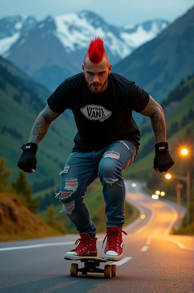 a young Punk skateboarding with red mohawk and upturned jacket covered in tattoos on his arms,he is bodys is fat , confidently riding a skateboard down a winding mountain road ferry fasted, framed by the night golden light of the street. He is wearing a black t-shirt with a vintage VAN logo on his chest and a bag on his back, and denims jeans and use red converse shoes. The man look at the camera, his hands protected by black gloves, adding a personal touch to the thrilling scene. He also wears knee and elbow pads, ensuring safety as he navigates the turns with ease. The background is midnight lanscape features rolling green hills and snow-capped mountains in the distance, creating a stunning contrast to the rider’s dynamic movements, amplifying the excitement. In the distance. The image exudes the thrill of downhill skateboarding, the beauty of the natural scenery, and the fearless energy of the rider, with an Instagram-worthy night atmosphere.