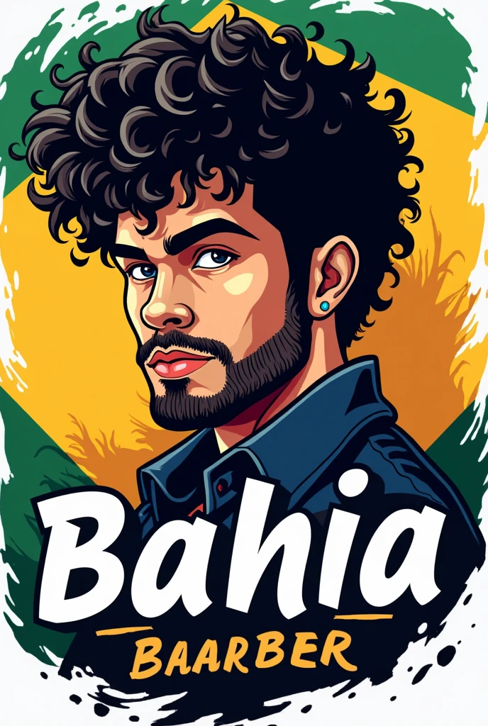 Create a barber shop logo for me where there is a guy with curly black hair and the name Bahia Barber and the Bahia flag behind it.