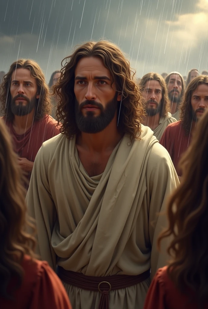 Jesus depicted with light brown skin, long curly brown hair, short beard, eyes browns, facial features ,walking through the crowd of worshippers in a storm.