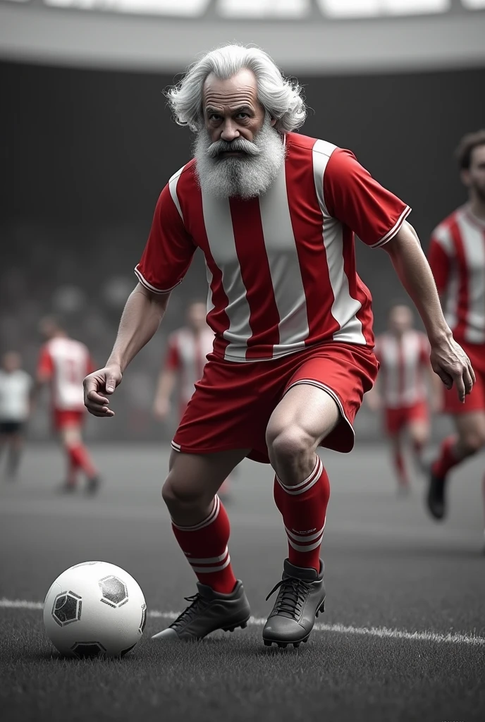 Karl Marx playing football in a red striped shirt, black andwhite