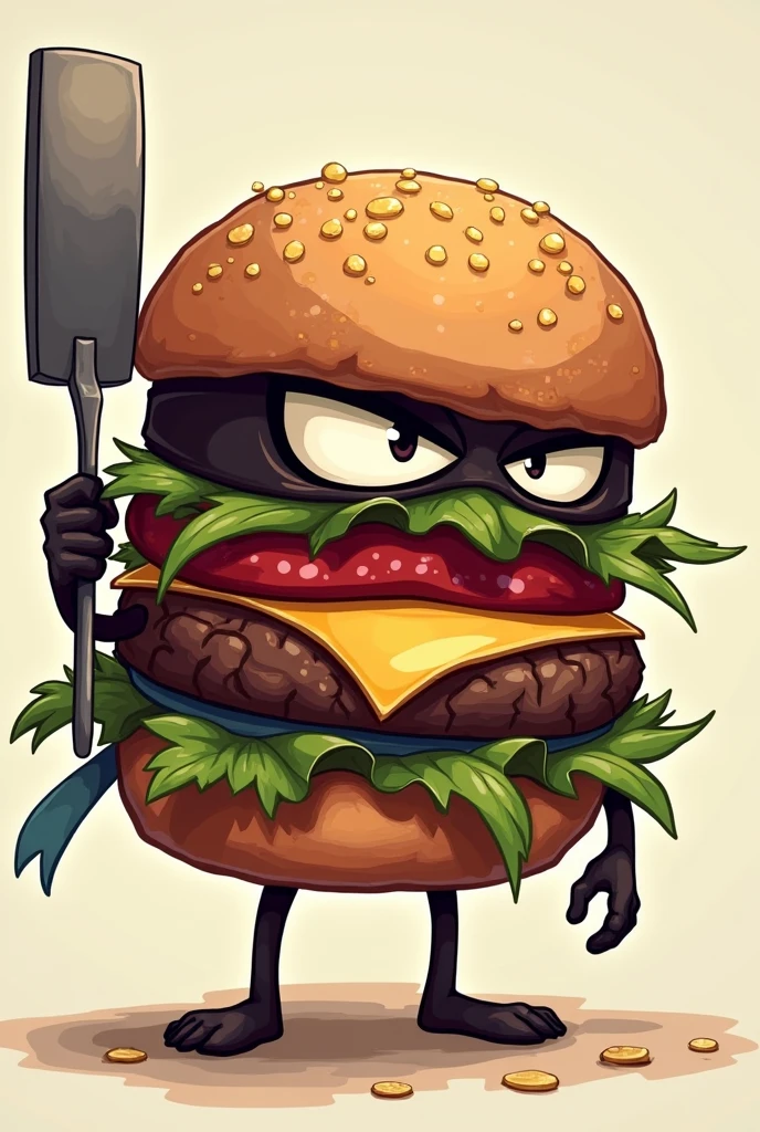 rough burger, anime style, that has a ninja ribbon, with eyes, that is on the side, but rude, that has no feet, that looks intimidating, that has no feet, and have a spatula