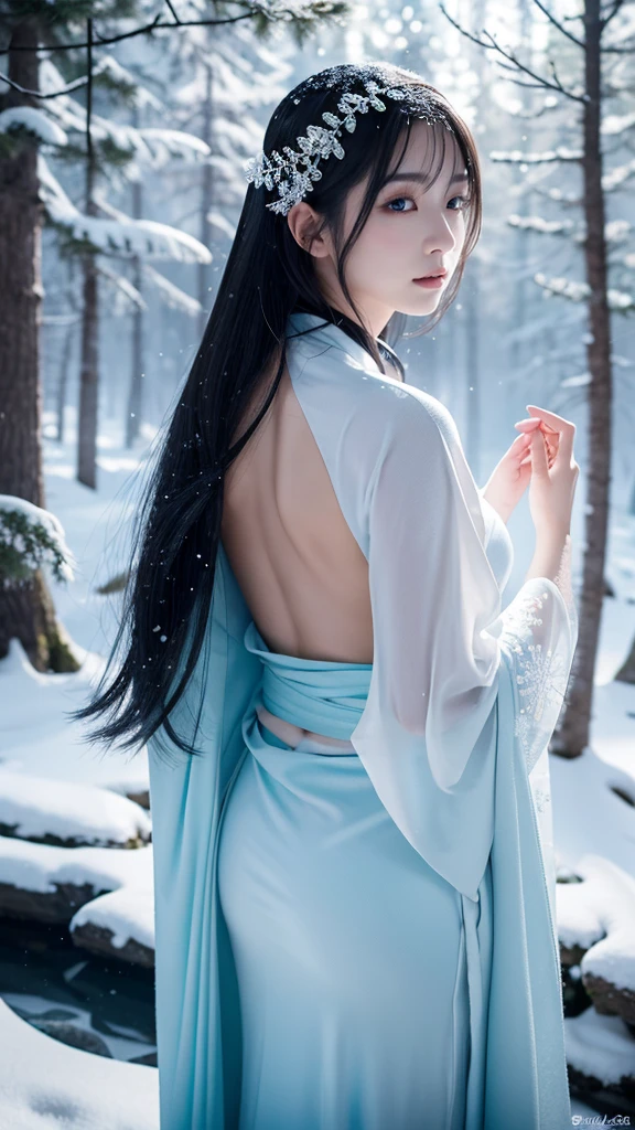**Prompt:** Create an ultra-realistic 8K resolution image of Yuki-onna, the mythical figure from Japanese folklore, reimagined as the ultimate embodiment of beauty. Yuki-onna is depicted as a hauntingly beautiful woman with long, flowing black hair that cascades down her back, contrasting against her pale, porcelain-like skin. Her eyes are a mesmerizing icy blue, radiating an aura of calm yet cold intensity.
She wears a traditional white kimono, intricately designed with subtle snowflake patterns that shimmer in the moonlight. The kimono is delicately wrapped around her slender figure, with the obi tied elegantly at her waist. Snowflakes gently fall around her, adding to the ethereal atmosphere. Her expression is serene, with a hint of mystery, as she gazes into the distance, embodying both allure and an otherworldly presence.
The background showcases a snow-covered forest, bathed in the soft glow of the moonlight, with trees delicately covered in frost. The air is filled with a sense of stillness and tranquility, capturing the essence of Yuki-onna as the ultimate snow spirit, blending her mythical origins with a modern interpretation of beauty.