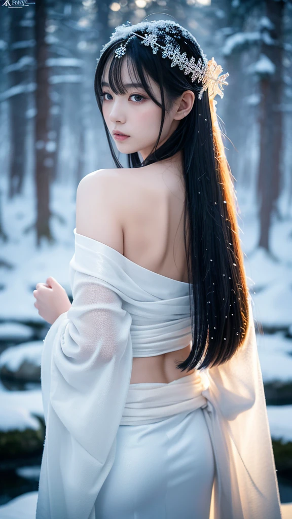 **Prompt:** Create an ultra-realistic 8K resolution image of Yuki-onna, the mythical figure from Japanese folklore, reimagined as the ultimate embodiment of beauty. Yuki-onna is depicted as a hauntingly beautiful woman with long, flowing black hair that cascades down her back, contrasting against her pale, porcelain-like skin. Her eyes are a mesmerizing icy blue, radiating an aura of calm yet cold intensity.

She wears a traditional white kimono, intricately designed with subtle snowflake patterns that shimmer in the moonlight. The kimono is delicately wrapped around her slender figure, with the obi tied elegantly at her waist. Snowflakes gently fall around her, adding to the ethereal atmosphere. Her expression is serene, with a hint of mystery, as she gazes into the distance, embodying both allure and an otherworldly presence.

The background showcases a snow-covered forest, bathed in the soft glow of the moonlight, with trees delicately covered in frost. The air is filled with a sense of stillness and tranquility, capturing the essence of Yuki-onna as the ultimate snow spirit, blending her mythical origins with a modern interpretation of beauty.